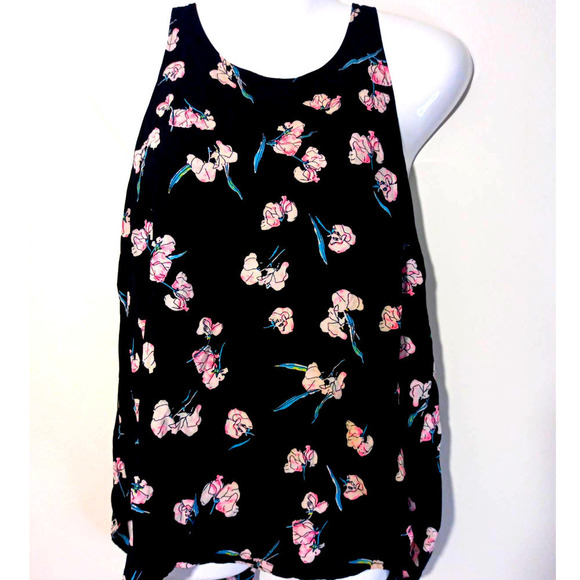Gap Women Size M Black Pink Watercolor Flower Sleeveless Top With Keyhole Back - Picture 1 of 5